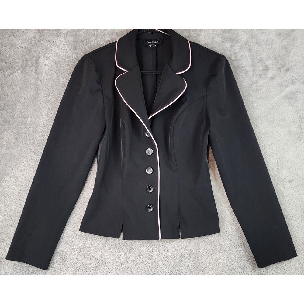 My Michelle Jacket Womens Size 3/4 Black Pink Piping Tailored Blazer Vintage